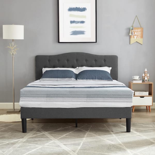 VECELO Upholstered Platform Bed with Button-Tufted Headboard Wood Slat Support Easy Assembly - Full Dark Gray 56.6 in. W