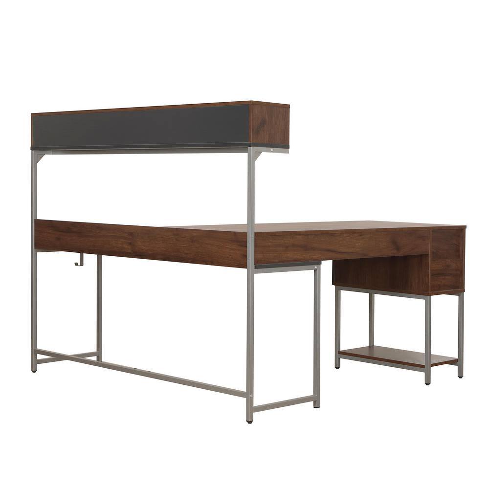 Walnut Wood L-Shaped Gaming Computer Desk with Hutch and Drawer