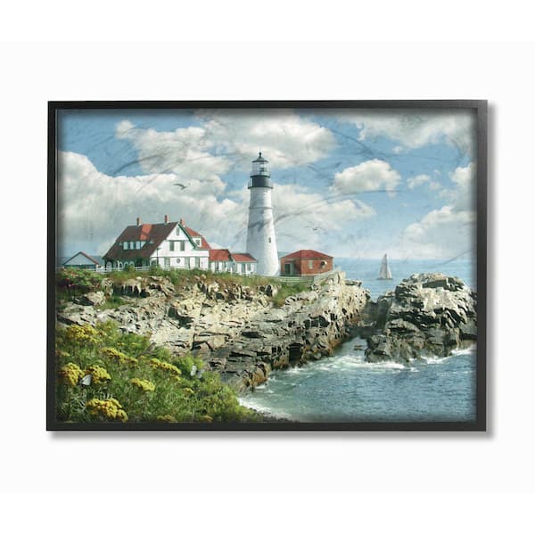 24 in. x 30 in. "Portland Head Lighthouse Scene Grassy Ocean Side Peninsula" by Alan Giana & Company Framed Wall Art