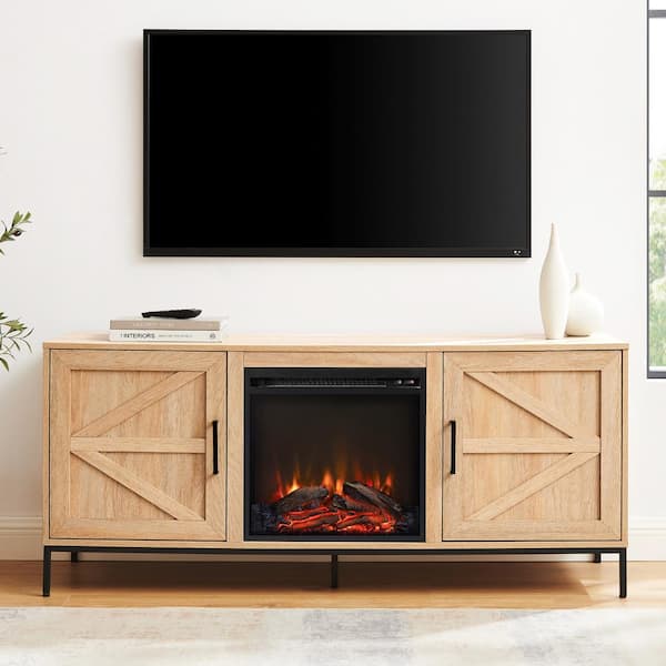 ToolCat 58 in. Modern Freestanding Farmhouse Barn Door Electric Fireplace TV Stand with for TV up to 65 in, Coastal Oak