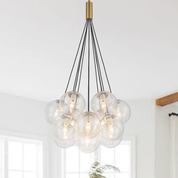 HUOKU Galaxy 13-Light 20 in. Brass Modern Foyer Chandelier Linear Globe Cluster Bubble Chandelier with Seeded Glass Shades