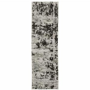 2' X 8' Grey Charcoal Black And Ivory Abstract Power Loom Stain Resistant Runner Rug
