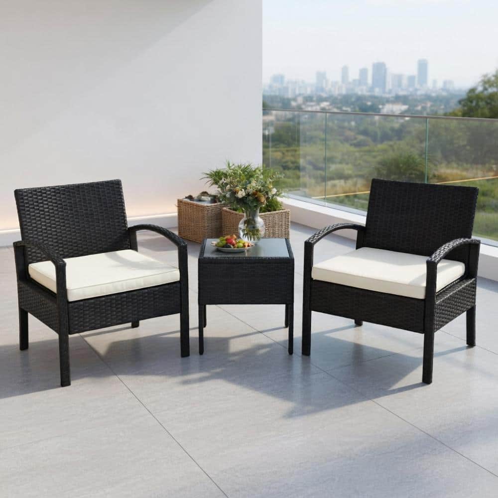 3-Piece White PE Rattan Conversation Set – Two Wicker Chairs, Coffee Table & Removable Cushions, Rustproof Steel Frame price history on PriceWatchPro