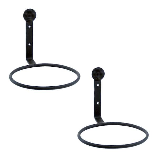 Set of 2 Wall Mounted Flower Pot Holder Ring Metal Brackets, 6 in. Dia Black Powder Coat Finish