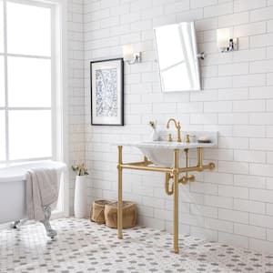 Embassy 30 in. Brass Wash Stand with Satin Brass P-Trap Kit, Marble Counter Top, and White Basin