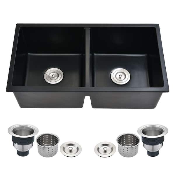 Nestfair Black Quartz 32 in. Double Bowl Undermount Kitchen Sink with Strainer Basket