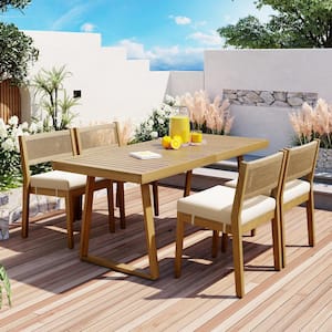 Brown 5-Piece Wood Outdoor Dining Set with Beige Cushions for Balcony, Vourtyard, and Garden