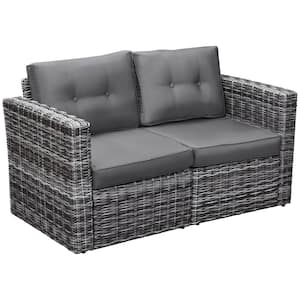 2-Piece Patio PE Rattan Wicker Corner Outdoor Loveseat Sofa Set with Curved Armrests and Padded Grey Cushions