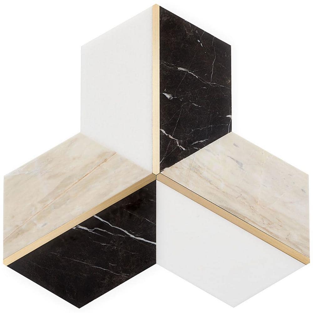 Saint Laurent Polished Marble and Brass Hexagonal Mosaic Tile