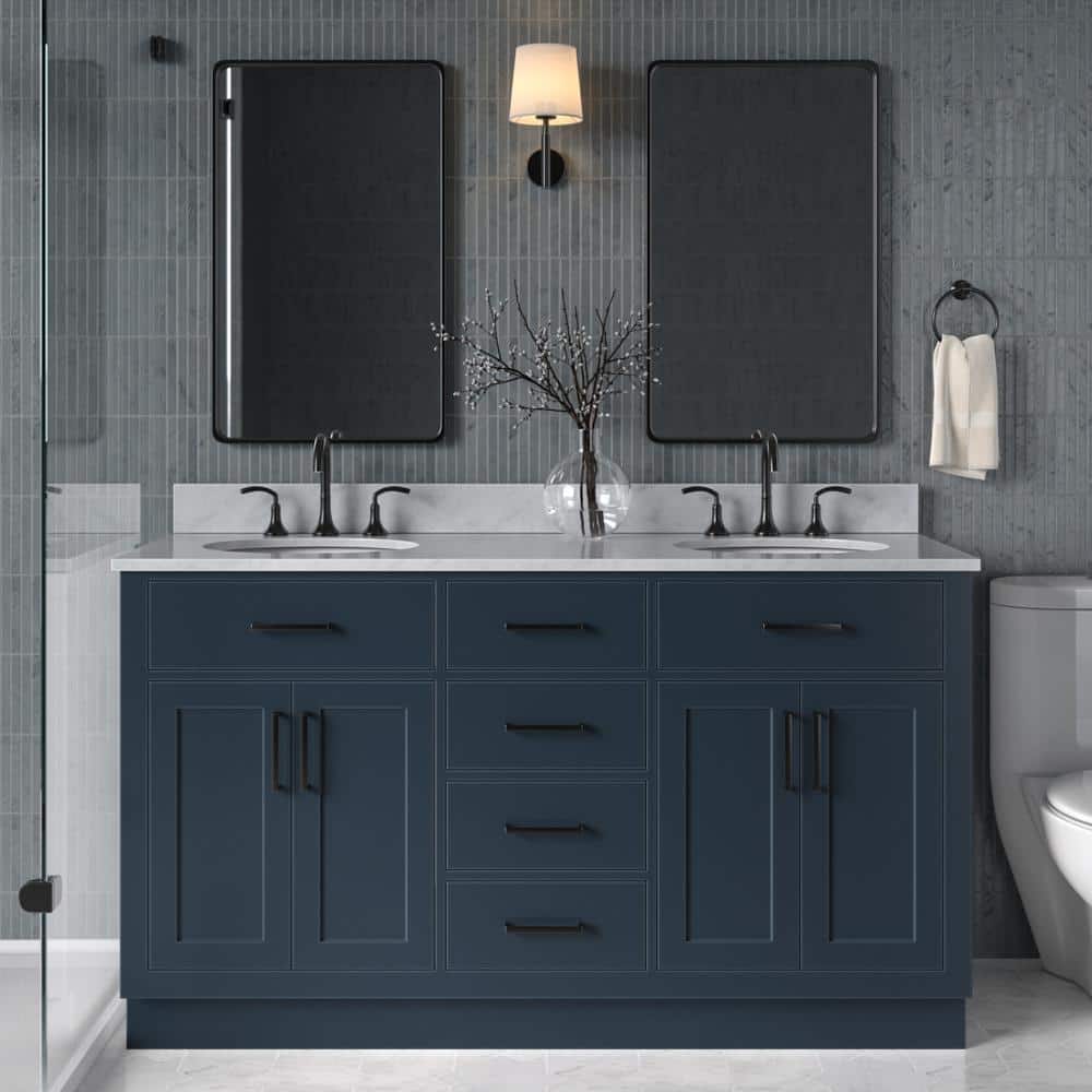 Midnight Blue 61" Freestanding Double Basin Vanity with Marble Top