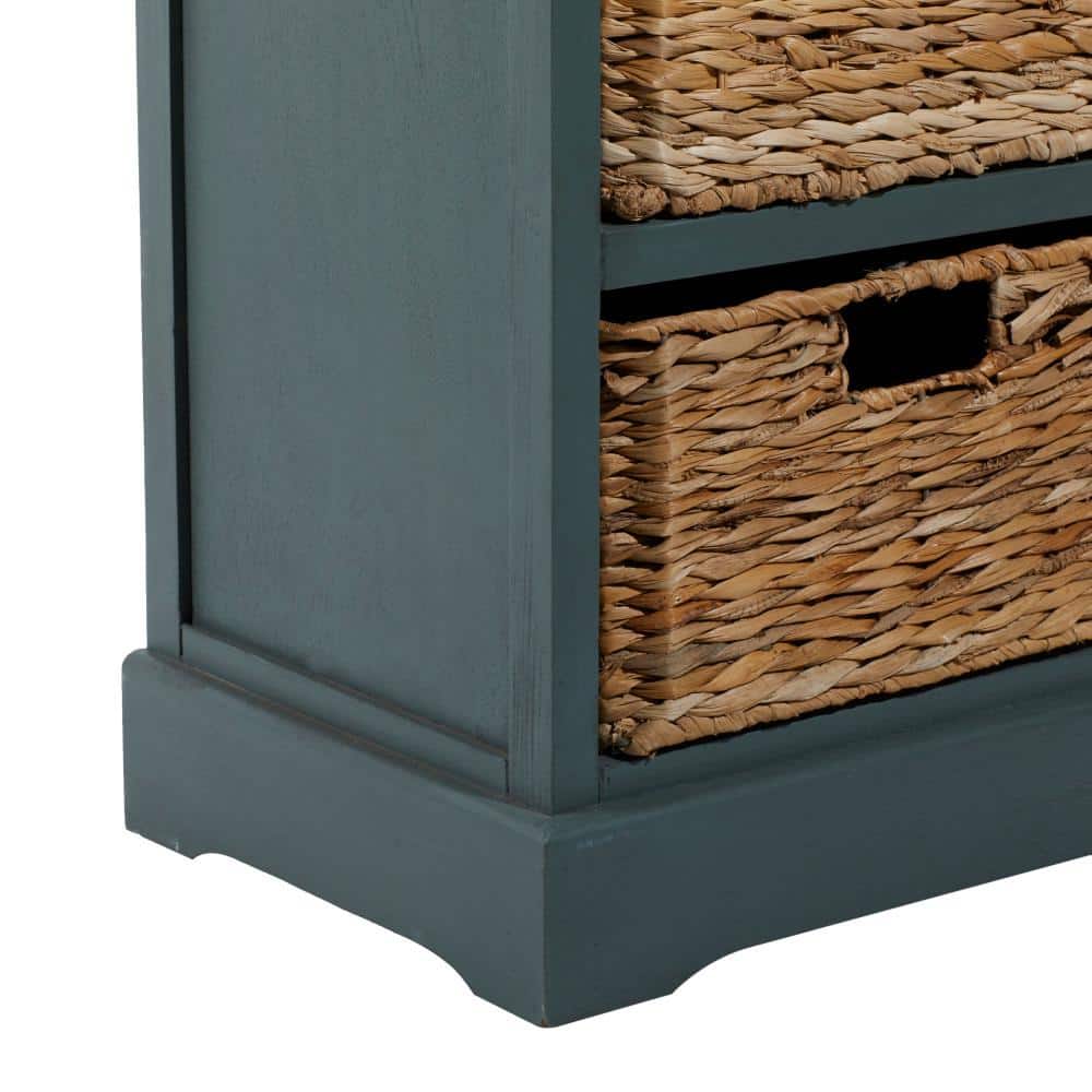 Teal Solid Wood Rectangular Side Table with Seagrass Baskets and Drawer