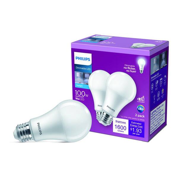 2 Pack Philips Dimmable LED 100w Replacement-Daylight-A19 Bulb-10 Year Warranty 