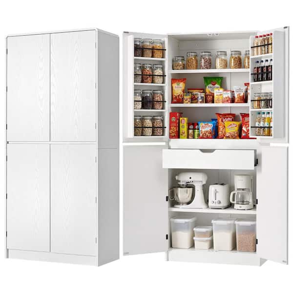 Runesay Farmhouse Embossed Texture Wood White 30.3 in. Kitchen Island cart Pantry Cupboard with 2-Drawer and Adjustable 3-Shelf