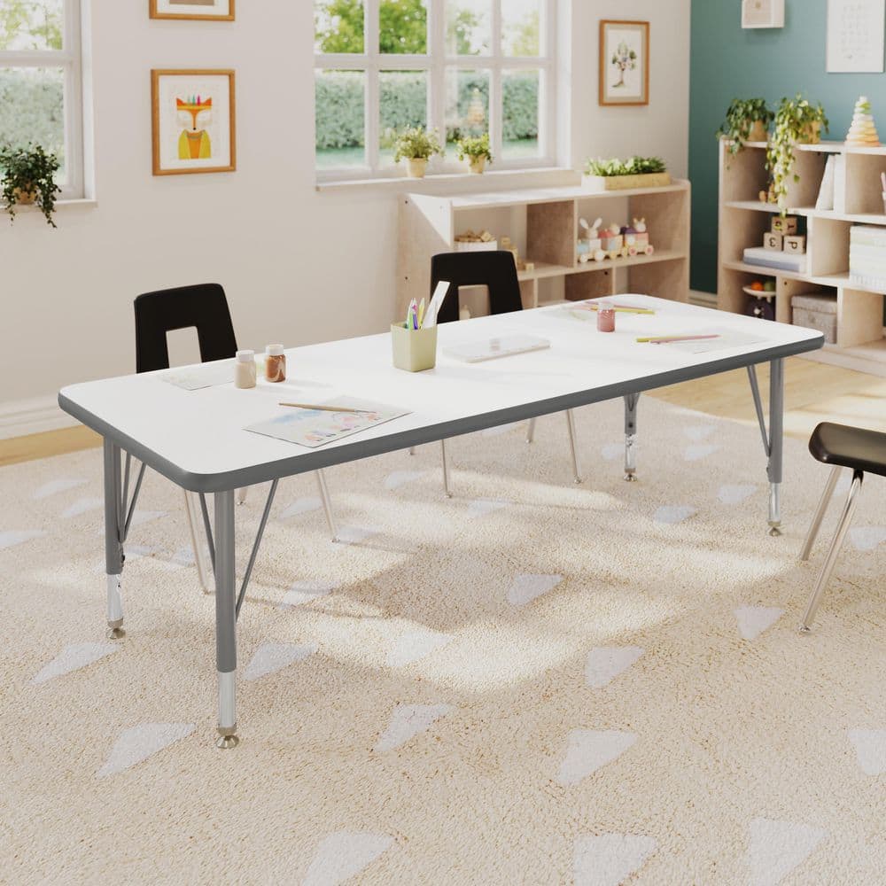 Wren Adjustable White Top/Silver Frame Rectangle Kids Activity Table with Thermal Laminate Top for 4