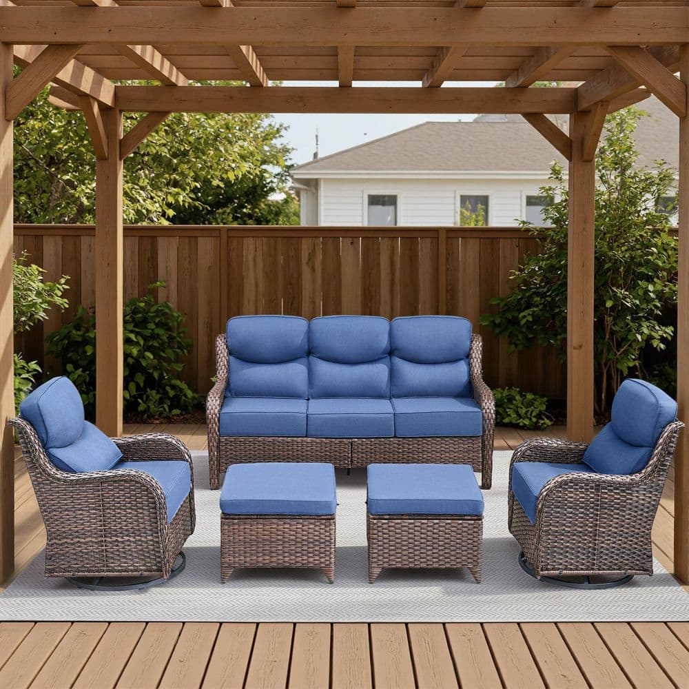 Arcadia Brown 5-Piece Wicker Patio Conversation Set with Swivel Gliders and 6-Inch Thick Olefin Navy Blue Cushions price history on PriceWatchPro