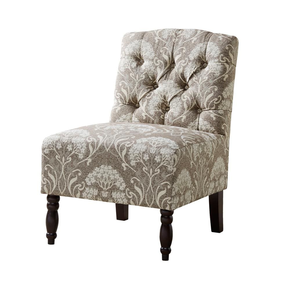Taupe Floral Handcrafted Wood Armless Accent Chair