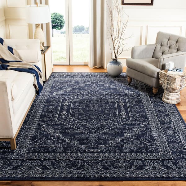 Adirondack Navy/Ivory 11 ft. x 15 ft. Border Medallion Area Rug