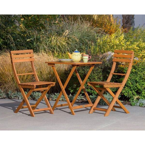 AUTMOON 3-Piece Wood Outdoor Bistro Cafe Set - Natural Oil, Square Table