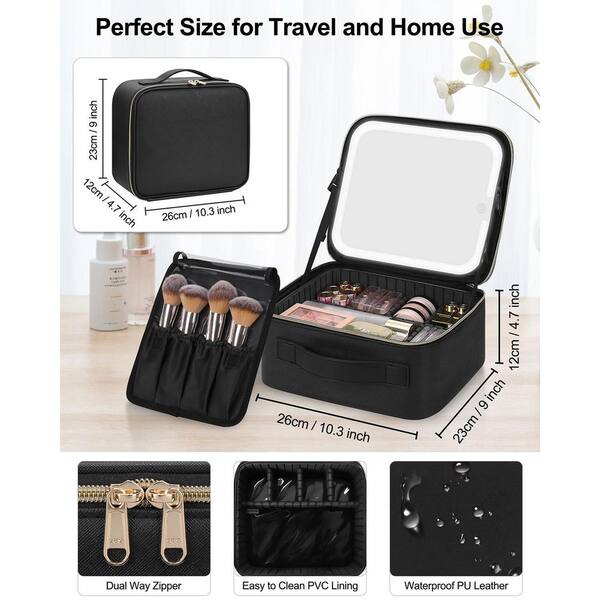 Lynzavix Black Makeup Bag with LED Mirror, Travel Cosmetic