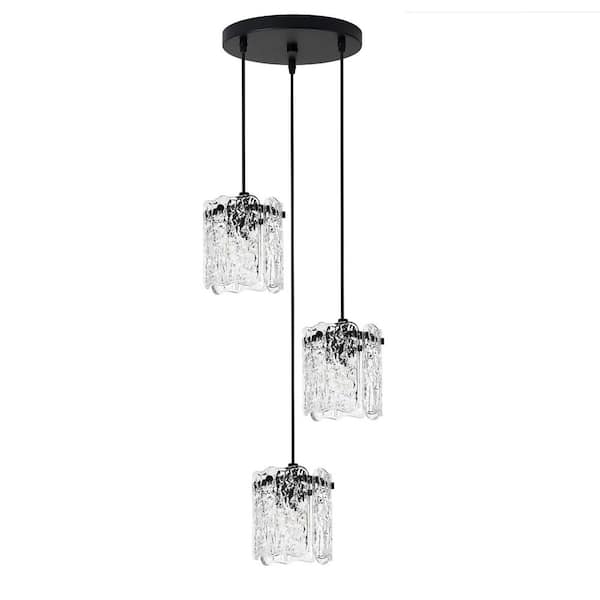 YANSUN 3-Light Cluster Black Glass Pendant Lights, Water Ripple Round ...