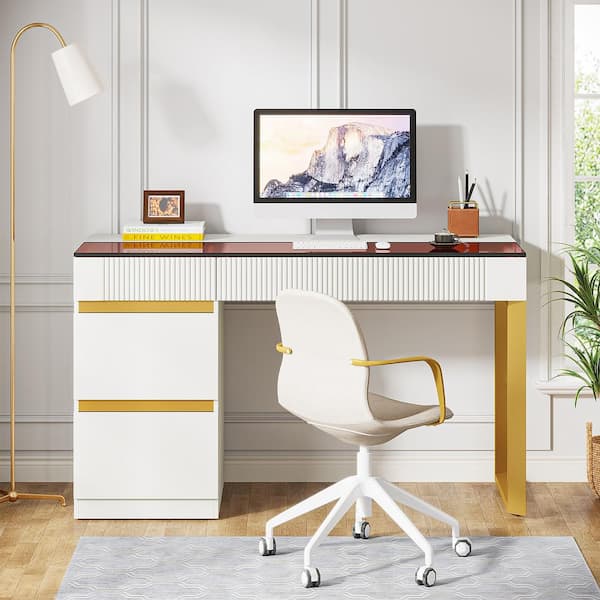 Halseey 47 in. Rectangular White and Gold Wood 4-Drawer Computer Desk, Modern Home Office Desk with Glass Top