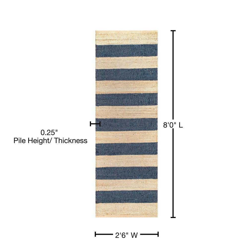 Denim Blue Striped Reversible Flat Woven Jute Runner Rug, 2' 6" x 8'