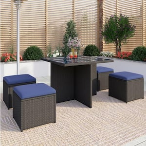 Black Rattan Wicker 4 Seat 5-Piece Steel Outdoor Patio Conversation Set with Blue Cushions and Coffee Table