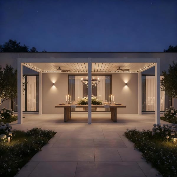 10 ft. x 28 ft. Ivory Aluminum Patio Pergola with Built-In Solar Panel, Ceiling Fan and Round LED Light