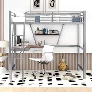 Silver Twin Size Loft Bed with L-shaped Desk and Shelf, Metal Loft Bed with Guardrails and Ladder, Kids Loft Bed Frame