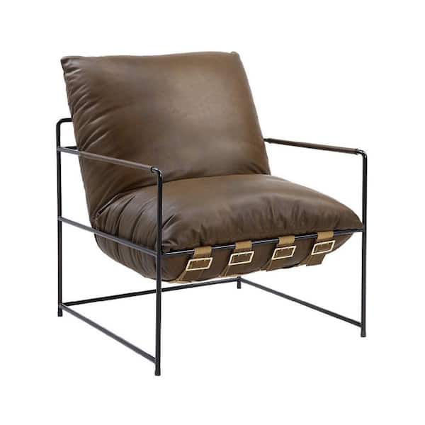Benjara Brown Leather Accent Chair with Metal Frame