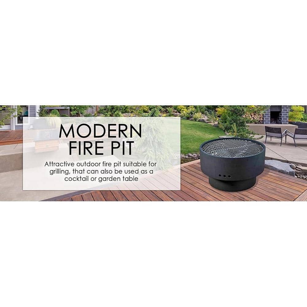 28" Black Powder-Coated Steel Fire Pit with Wooden Top