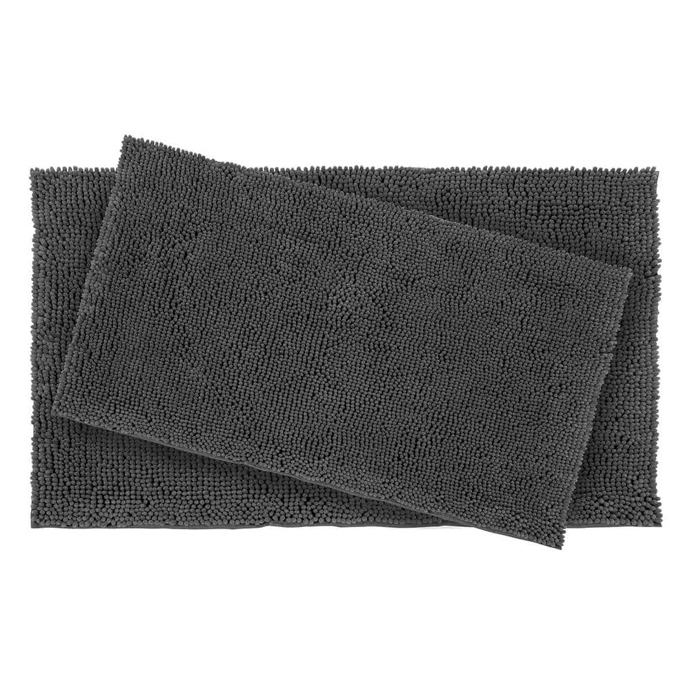 Dark Gray Plush Shag Chenille 2-Piece Bath Mat Set