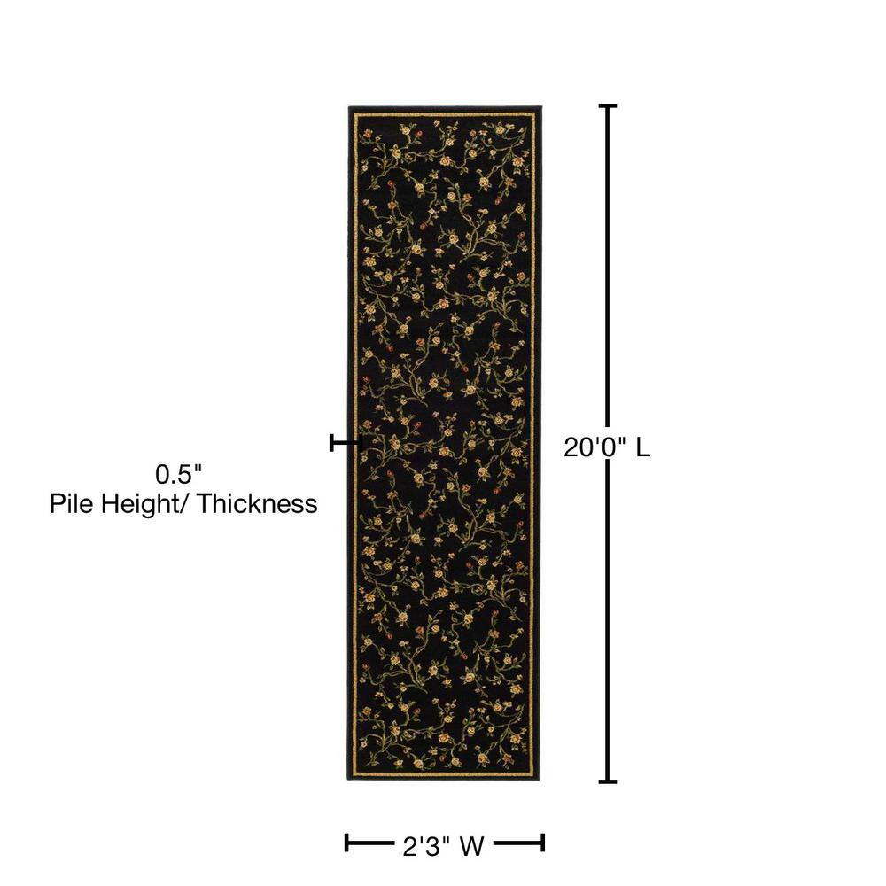 Black Floral Synthetic Low Pile Runner Rug