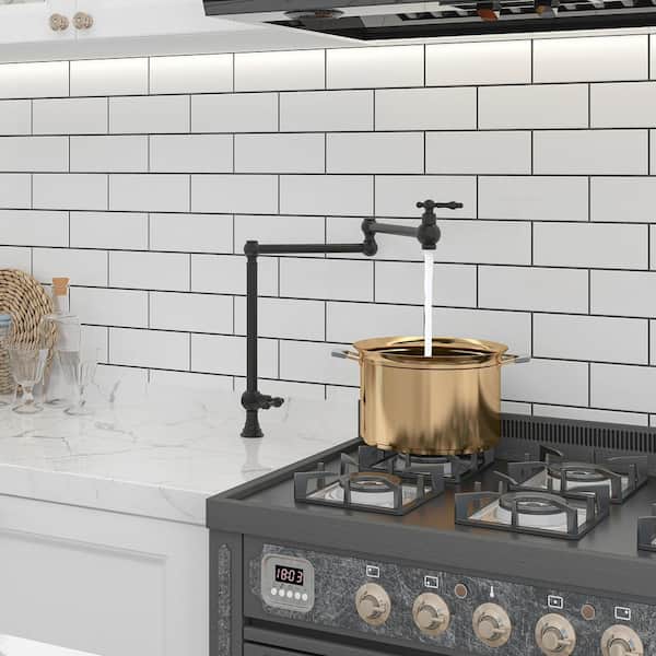 Residential Deck Mount Folding Pot Filler Kitchen Faucet with Dual Handles and 360-Degree Rotating Spout in Matte Black