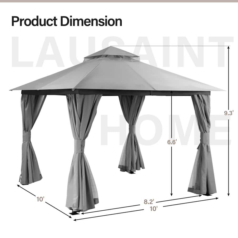 Gray 10'x10' Steel Patio Gazebo with Double Roof and Mosquito Netting