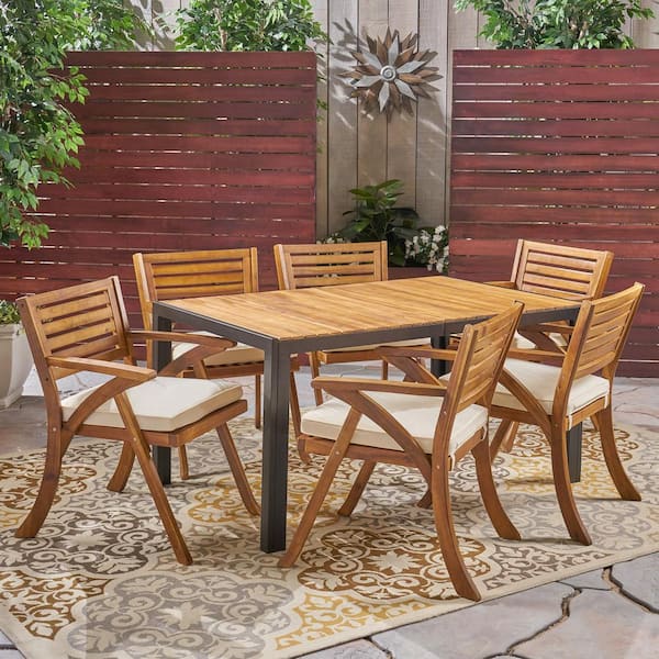 Bellmell Teak Brown 7-Piece Wood Outdoor Dining Set with Cream Cushions