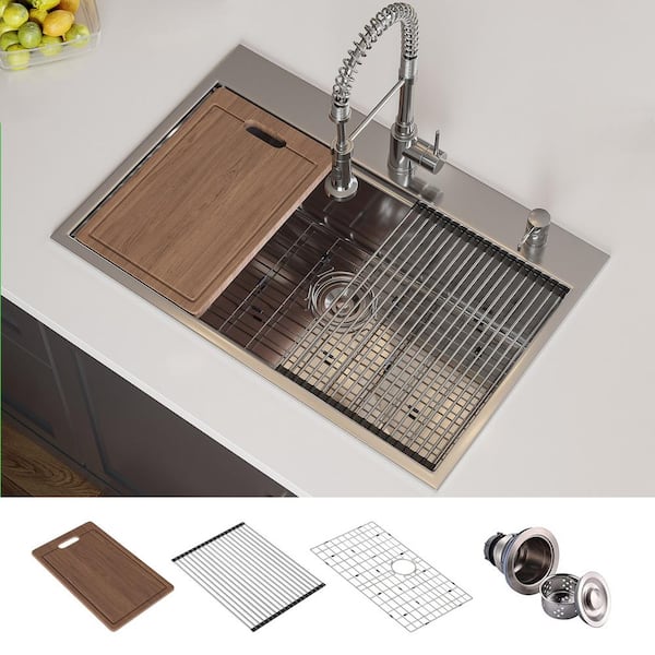 HOROW Drop-in Stainless Steel 33 in. Workstation Ledge Topmount Kitchen Sink 18-Gauge 2-Hole Single Bowl with Integrated Ledge