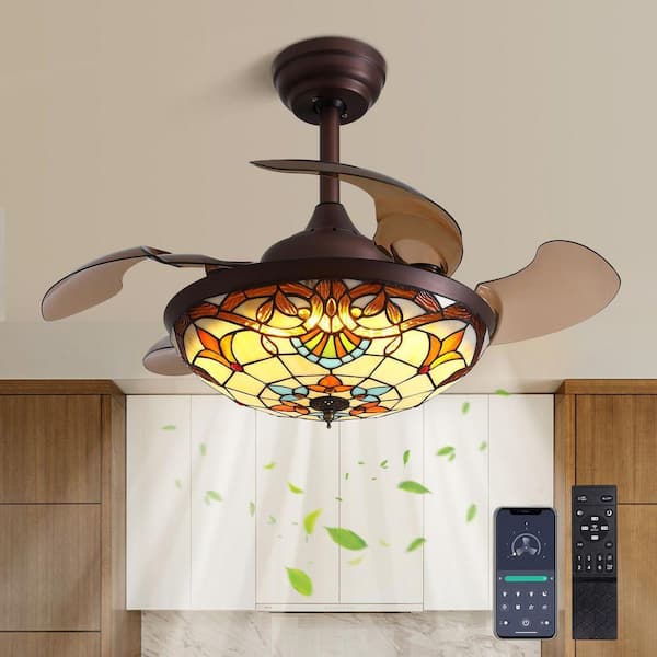 36 in. Downrod Mount Indoor Smart Brown Tiffany Stained Glass Fandelier Retractable Ceiling Fan with Integrated LED