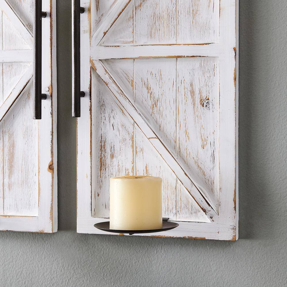Whitewashed Farmhouse Barn Door Candle Sconce Set, 24.8" Height