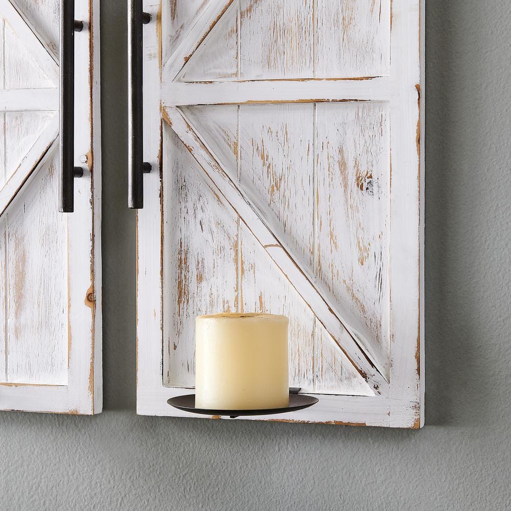 Whitewashed Farmhouse Barn Door Candle Sconce Set, 24.8" Height