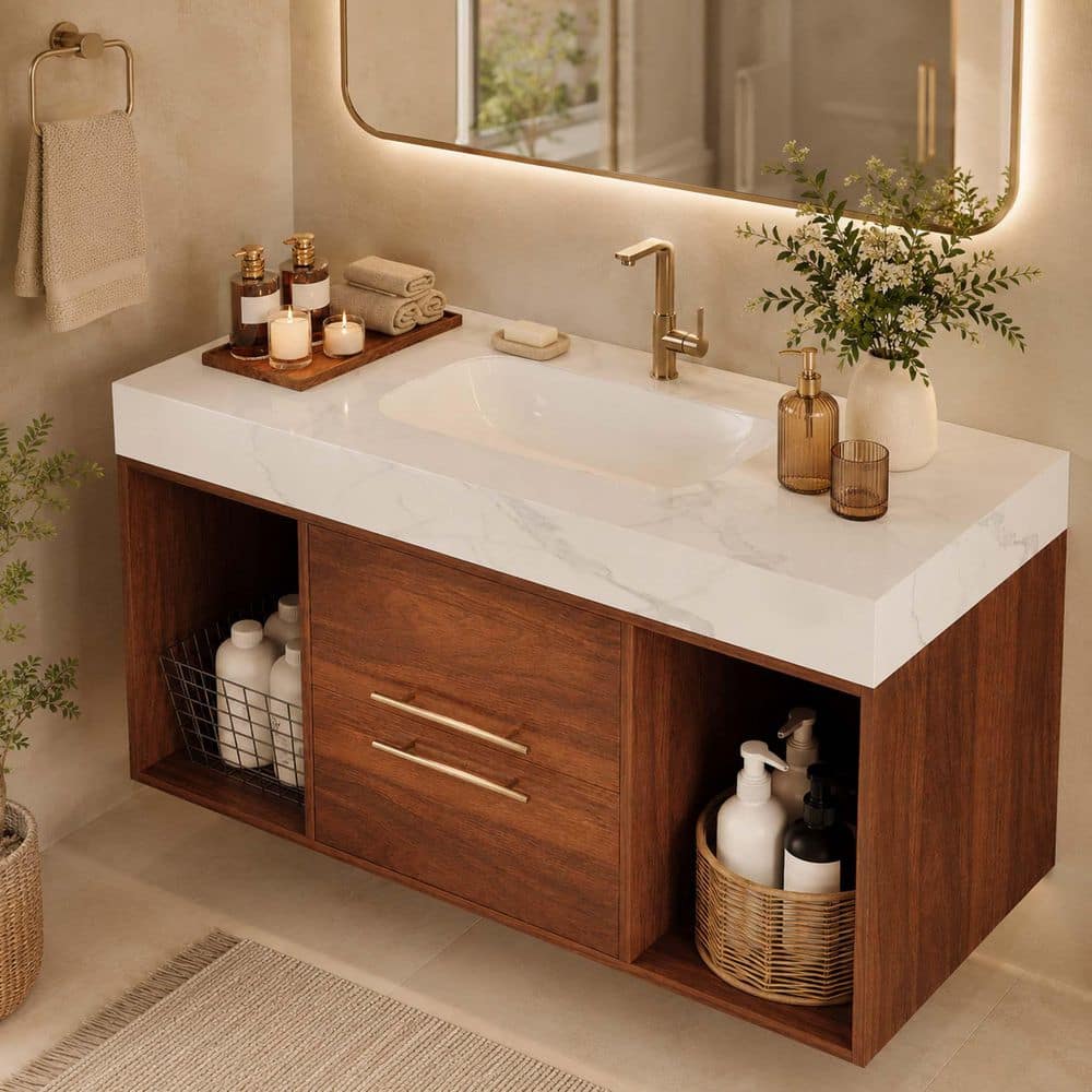 Bezeit 39.4 in. Wall Mounted Single Sink Walnut Bath Vanity with
