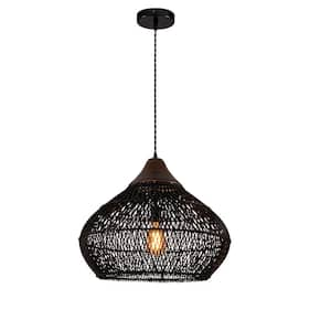 Zula 60-Watt 1-Light Coastal Large Rattan Pendant Light Matte Black Rustic Wood Accent Ceiling Light