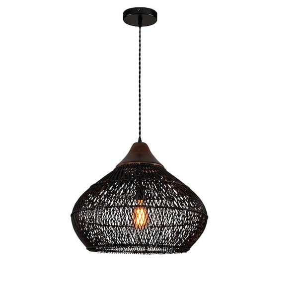 Zula 60-Watt 1-Light Coastal Large Rattan Pendant Light Matte Black Rustic Wood Accent Ceiling Light