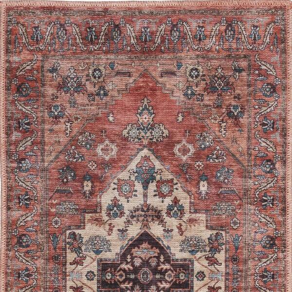 2 ft. x 4 ft. Beige and Red Medallion Power Loom Distressed Washable Non Skid Area Rug