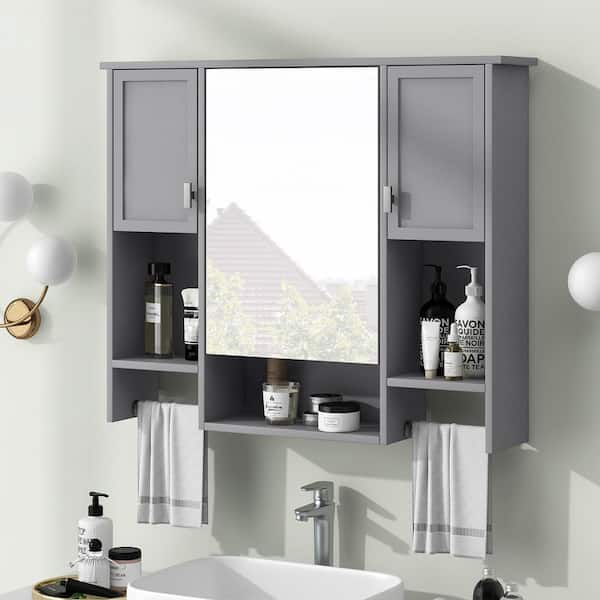 DELUXE LIVING 35-in x 28.7-in x 6.7-in Gray Soft Close Bathroom Wall Cabinet