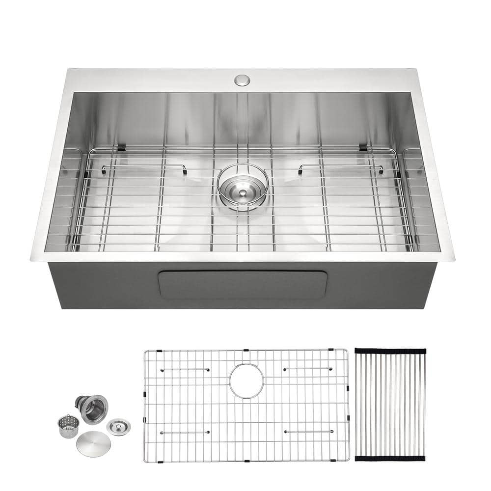 33 in. Drop-in Single Bowl 18-Gauge Brushed Nickel Stainless Steel Kitchen Sink with Bottom Grids -  JimsMaison, JMLDKS30-3322BN