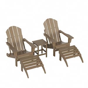Laguna (5-Piece) Outdoor Patio Classic HDPE Folding Adirondack Chair with Ottoman and Side Table Set in Weathered Wood