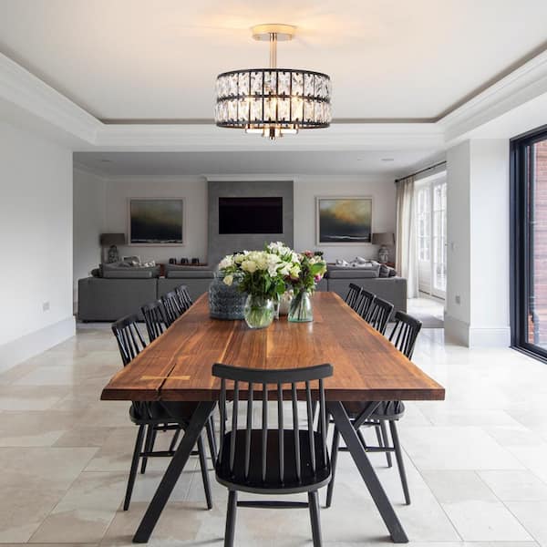 12.59 in. 3-Light Black and Golden Round Drum Semi-Flush Mount Ceiling Light with Clear Crystal and No Bulbs Included