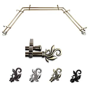 13/16" Dia Adjustable 20"-36", 38"-72" Bay Window Double Curtain Rod with Andrea Finials in Antique Brass