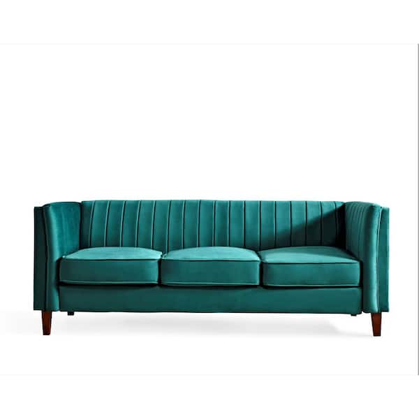 US Pride Furniture Alicia 83 in.  W Square Arm Velvet Mid-Century Modern Straight Sofa in Green